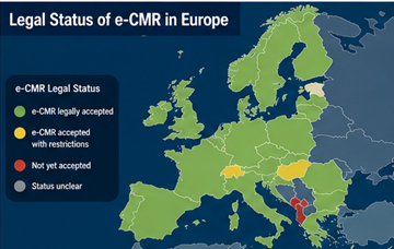 Map of Europe showing countries where e-CMR is legally accepted for digital transport documents