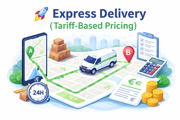 Express delivery transport with route from point A to point B, showing distance-based pricing and fast shipment